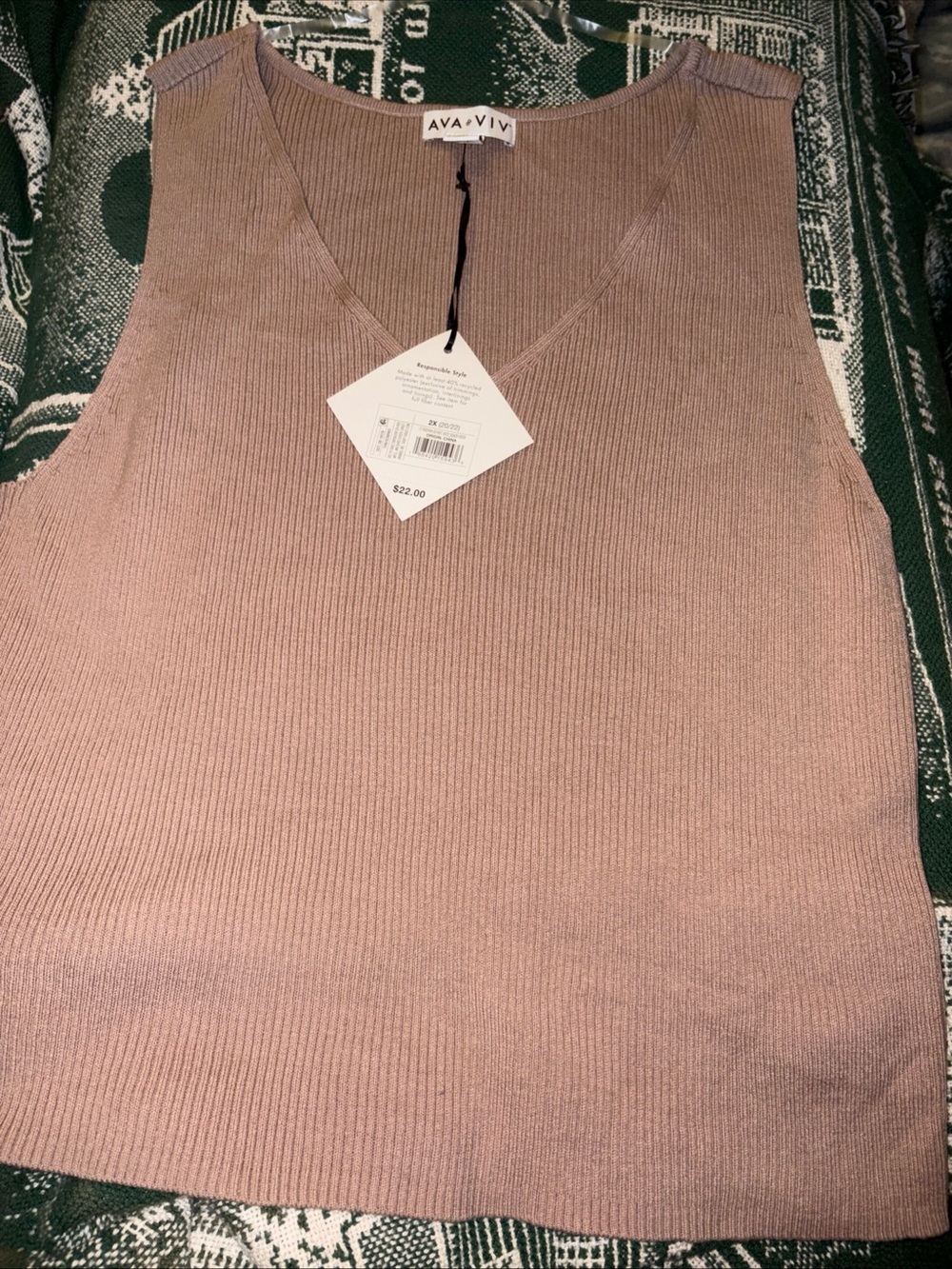 Ava & Viv Mauve Ribbed V-Neck Tank